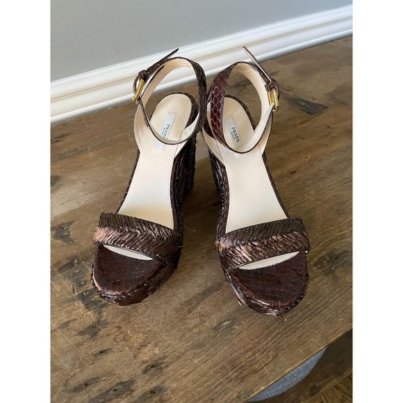 PRADA Wicker Woven Ankle Strap Platform Wedges - Picture 4 of 10